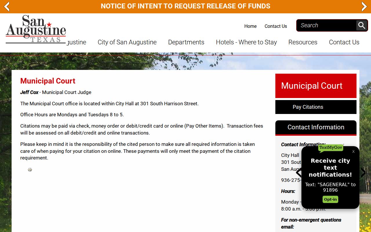 San Augustine County municipal court warrant routing, City Municipal Court page
