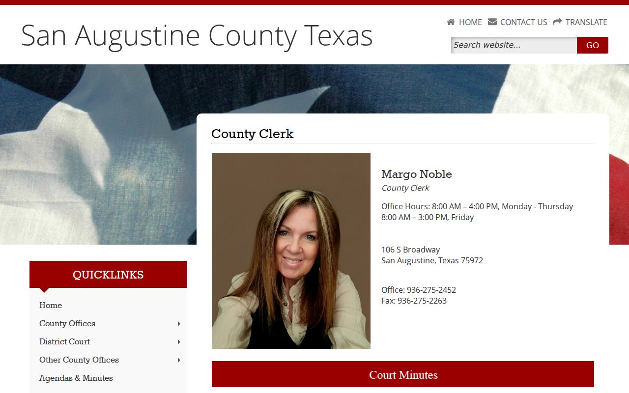 San Augustine County bench warrants, County Clerk contact page
