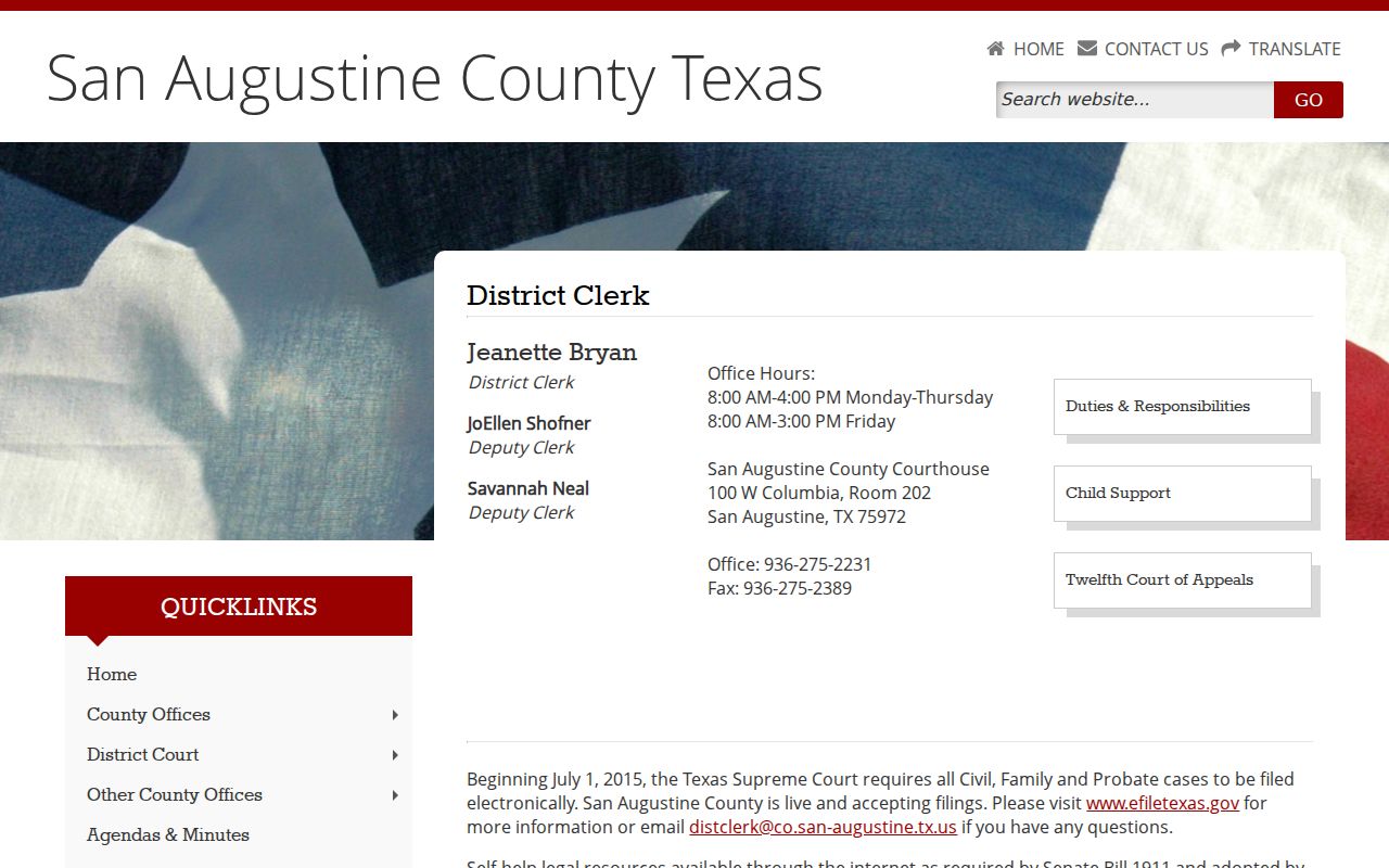 San Augustine County bench warrants, District Clerk contact page