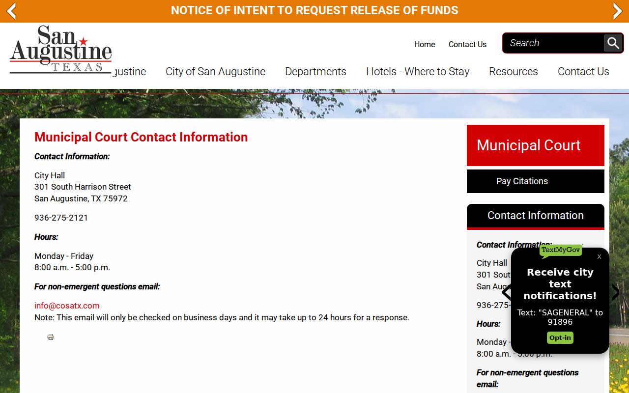 San Augustine County traffic warrant routing, City Hall Municipal Court contact page