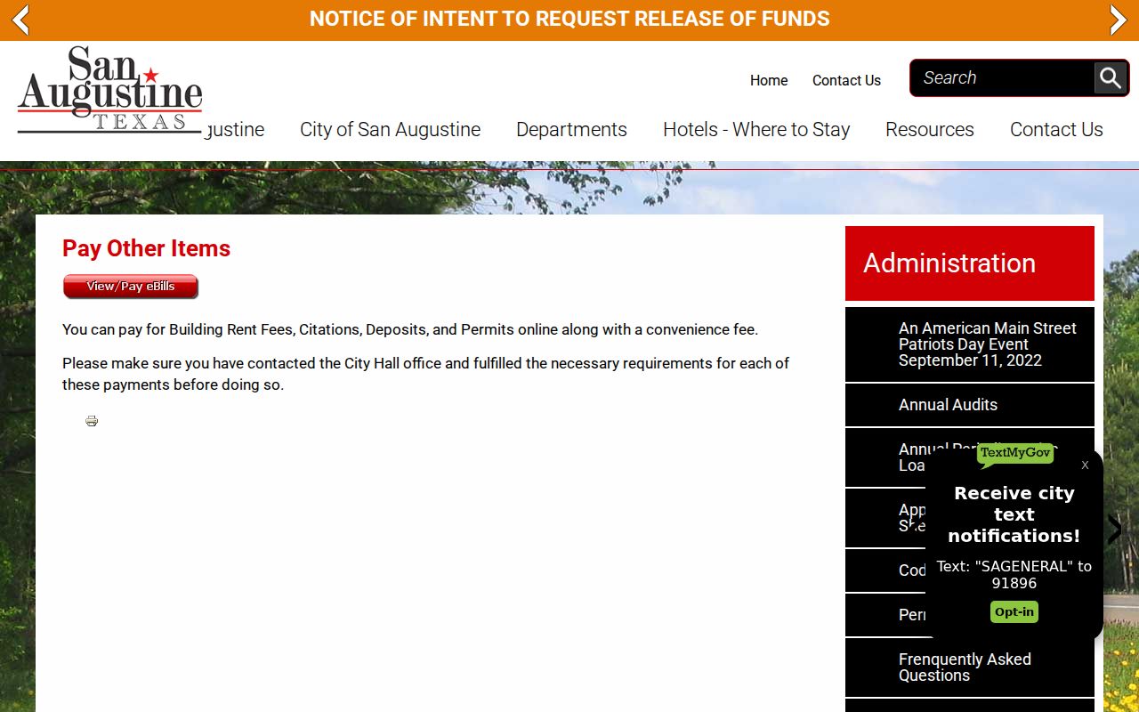 San Augustine County traffic warrant, official city citation payment page
