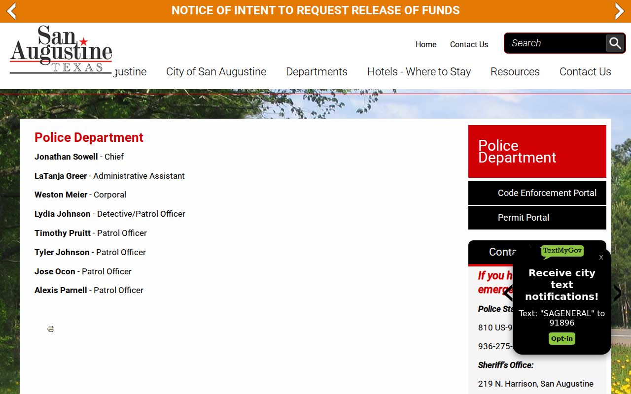 San Augustine County San Augustine city warrant records, Police Department contact page