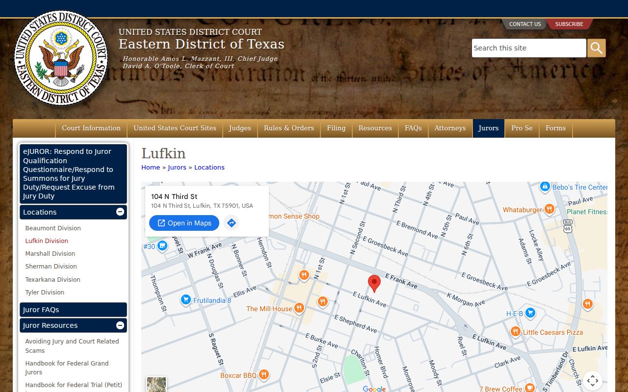San Augustine County arrest warrants, Eastern District federal courthouse contact page