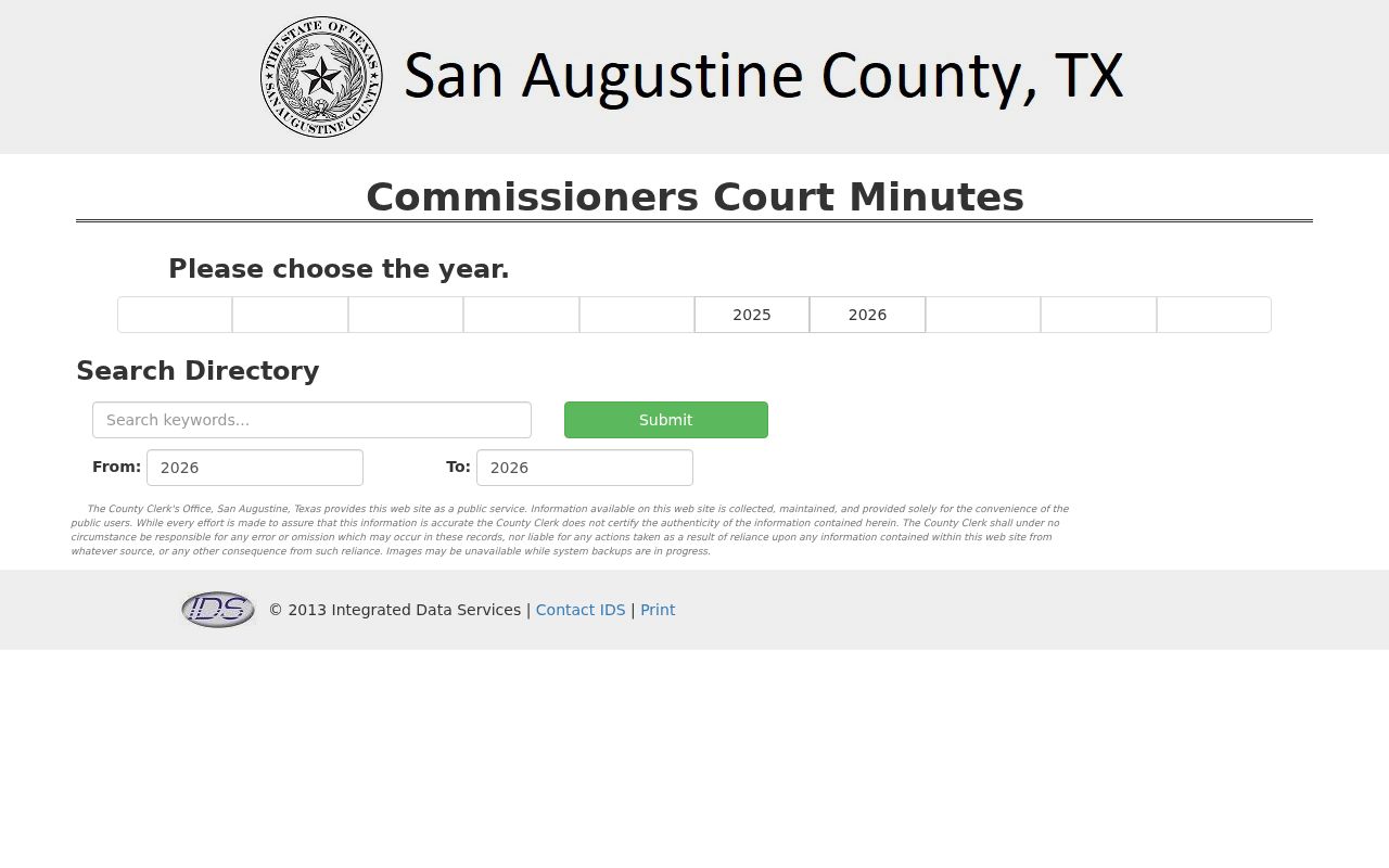 San Augustine County active warrant context, county meeting minutes interface