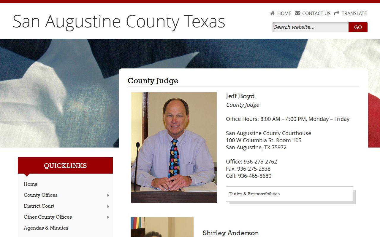 San Augustine County warrant records, County Judge contact page