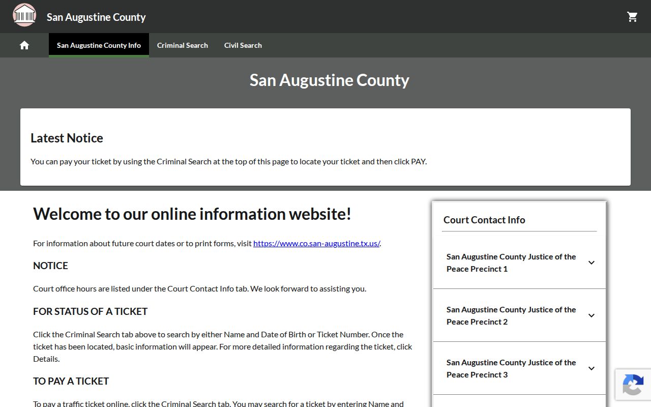San Augustine County traffic warrant payment context, county-linked JP citation portal