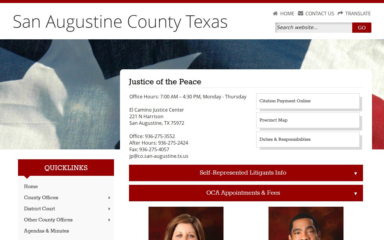 San Augustine County bench warrants, four JP court contact page