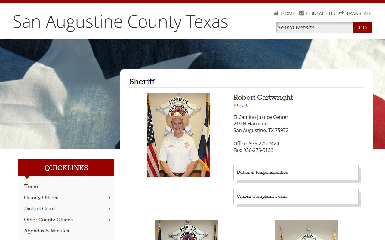 San Augustine County active warrants, Sheriff's Office contact page